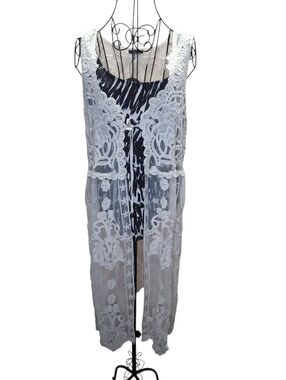 Vivid Importers of NY Lace Vest XL White Boho Crochet Duster Sleeveless Cardigan